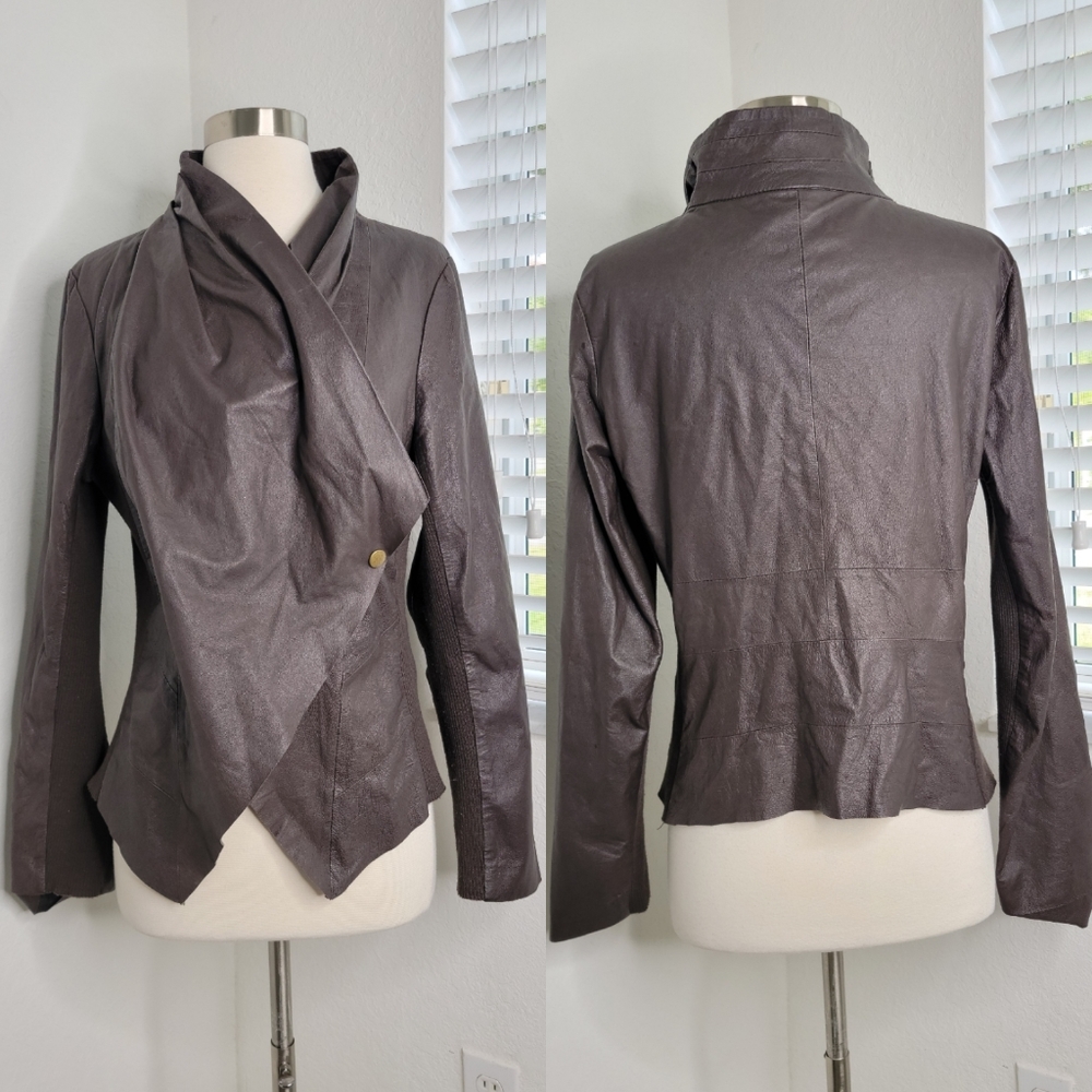 SOFT SURROUNDINGS Draped Asymmetric Leather Jacket Chocolate Brown M.